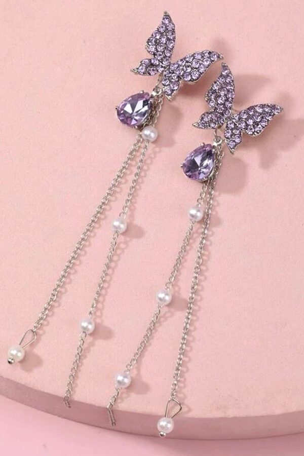 Yellow Chimes Silver Tone Purple Crystal Butterfly Lever Back Drop Earrings