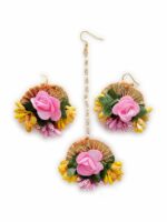 ZENEME Pink & Yellow Gold Gotta Patti Drop Maang Tikka With Earring Set - Image 2
