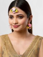 ZENEME Pink & Yellow Gold Gotta Patti Drop Maang Tikka With Earring Set - Image 5