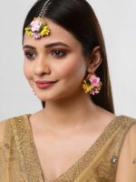 ZENEME Pink & Yellow Gold Gotta Patti Drop Maang Tikka With Earring Set - Image 6