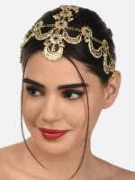 Zaveri Pearls Gold-Plated Green & White Stone-Studded & Beaded Mathapatti Maangtikka - Image 6