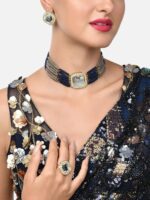 Zaveri Pearls Gold-Plated Navy Blue Austrian Diamond-Studded & Beaded Jewellery Set - Image 5