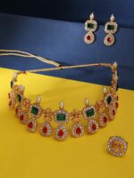 Zaveri Pearls Gold-Plated Pink & Green Stone Studded Jewellery Set - Image 2