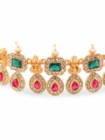 Zaveri Pearls Gold-Plated Pink & Green Stone Studded Jewellery Set - Image 4