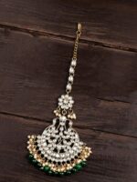 Zaveri Pearls Gold-Plated White & Green Kundan-Studded Beaded Maang Tikka