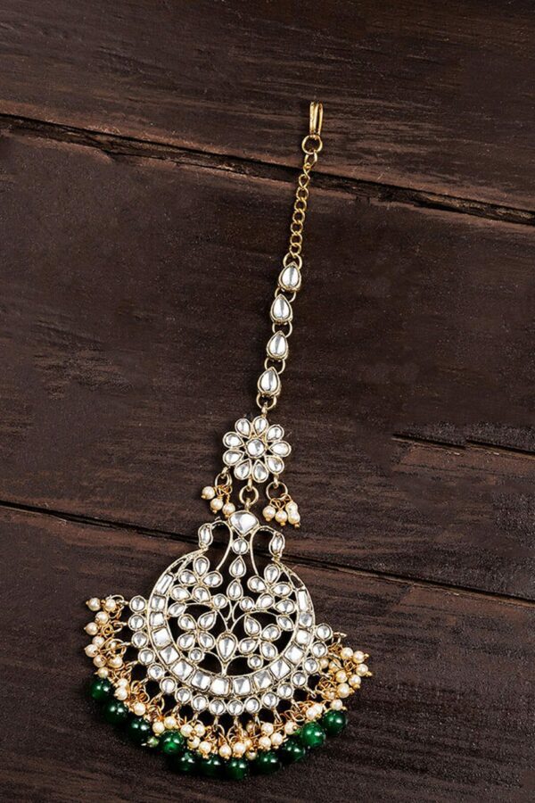 Zaveri Pearls Gold-Plated White & Green Kundan-Studded Beaded Maang Tikka