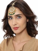 Zaveri Pearls Gold-Plated White & Green Kundan-Studded Beaded Maang Tikka - Image 4