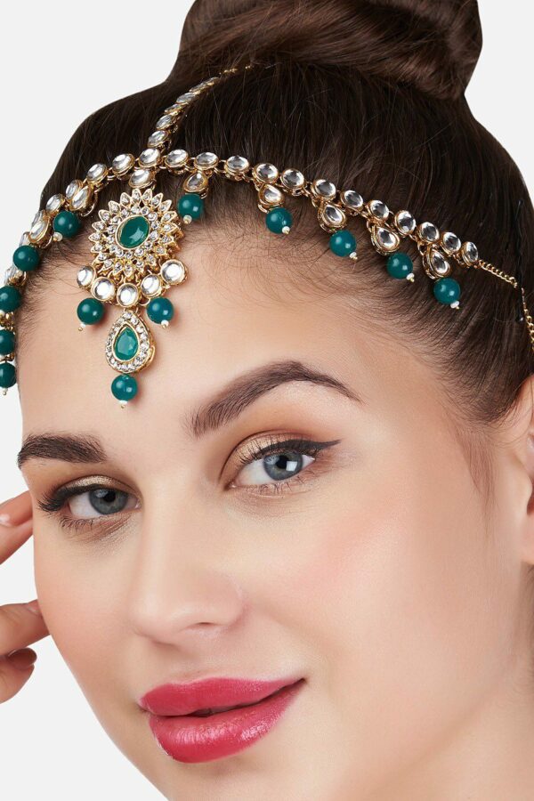 Zaveri Pearls Gold Plated White & Green Kundan Studded Head Jewellery