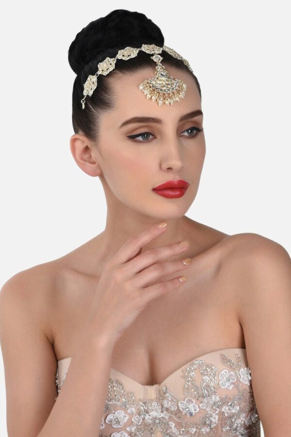 Zaveri Pearls Gold-Plated White Kundan-Studded & Pearl Beaded Maatha Patti