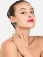 Zaveri Pearls Oxidised Silver-Plated Stone-Studded Floral Studs - Image 3