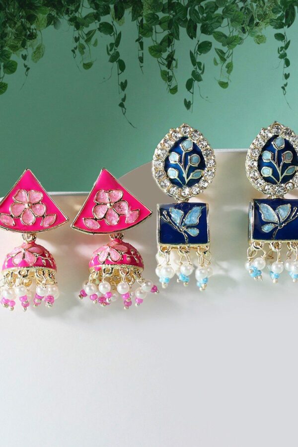 Zaveri Pearls Set of 2 Blue & Pink Gold Plated Contemporary Drop Earrings