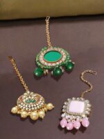 Zaveri Pearls Women Set of 3 Gold-Plated Pink & Green Kundan Studded Maang Tikka