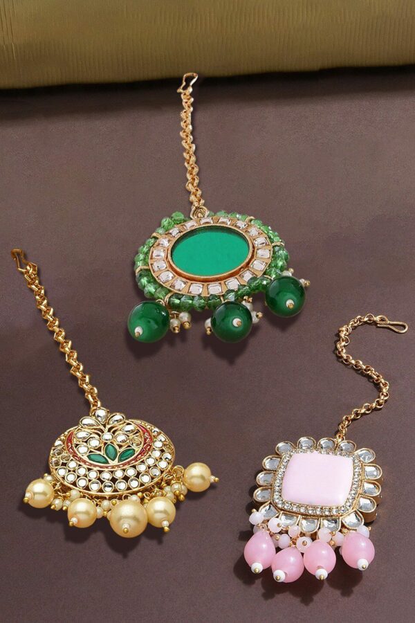Zaveri Pearls Women Set of 3 Gold-Plated Pink & Green Kundan Studded Maang Tikka