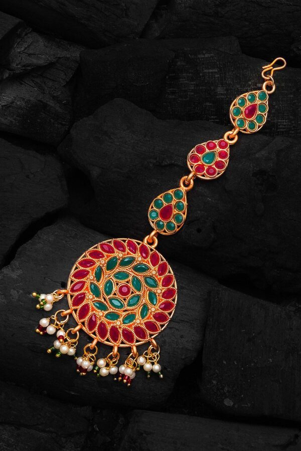 aadita Gold-Plated Pink & Green Stone-Studded & White Beaded Handcrafted Maang Tikka
