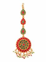 aadita Gold-Plated Pink & Green Stone-Studded & White Beaded Handcrafted Maang Tikka - Image 2