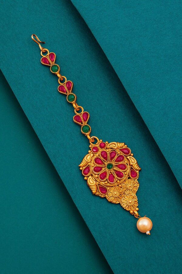 aadita Women Gold-Toned & Red Ruby and Pearls Studded Maang Tikka