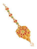 aadita Women Gold-Toned & Red Ruby and Pearls Studded Maang Tikka - Image 3