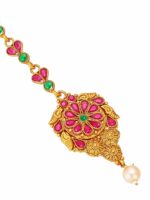 aadita Women Gold-Toned & Red Ruby and Pearls Studded Maang Tikka - Image 4