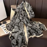 Black & Cream Silk Long Hijab - Image 4