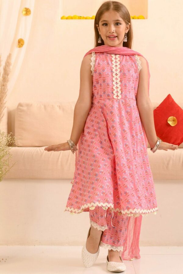 pspeaches Girls Ethnic Motifs Printed Pure Cotton Kurta With Trousers & With Dupatta