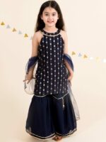 pspeaches Girls Floral Embroidered Layered Kurta with Sharara & With Dupatta