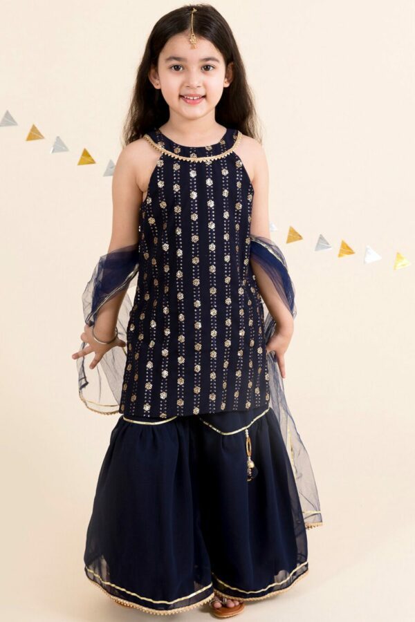 pspeaches Girls Floral Embroidered Sequinned Kurta with Sharara & Dupatta
