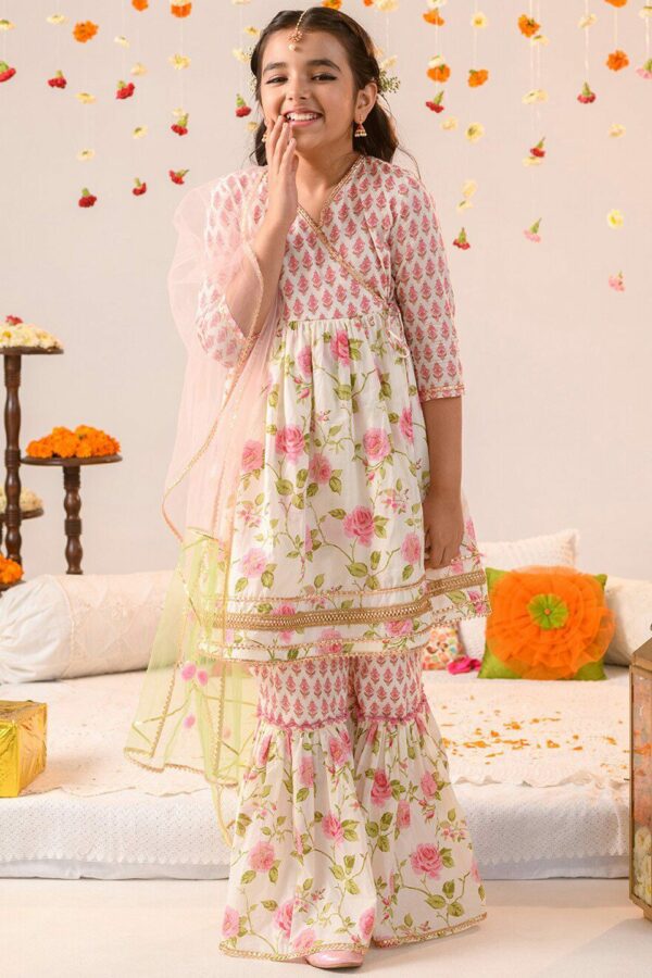 pspeaches Girls Floral Printed Angrakha Pure Cotton A-line Kurta With Sharara & Dupatta
