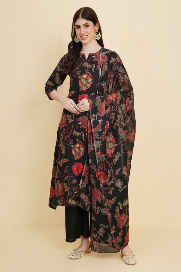 Cotton Black Floral Printed Kurta with Pant & Dupatta