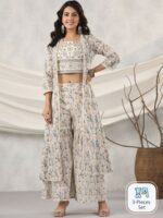 Readiprint Fashions Floral Printed Pure Cotton Kurta With Sharara & Long Jacket