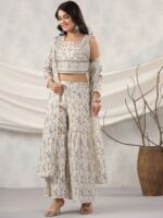 Readiprint Fashions Floral Printed Pure Cotton Kurta With Sharara & Long Jacket - Image 4