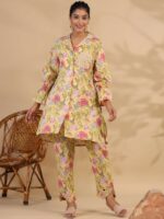 Readiprint Fashions Floral Printed Regular Aari Work Pure Cotton Kurta With Trousers