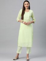 Readiprint Fashions Women Sea Green Floral Embroidered Regular Sequinned Pure Cotton Kurta with Palazzos