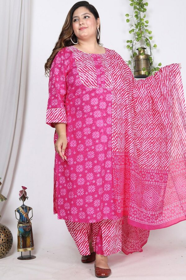 Swasti Plus Size Leheriya Printed Gotta Patti Pure Cotton Kurta With Trousers & Dupatta