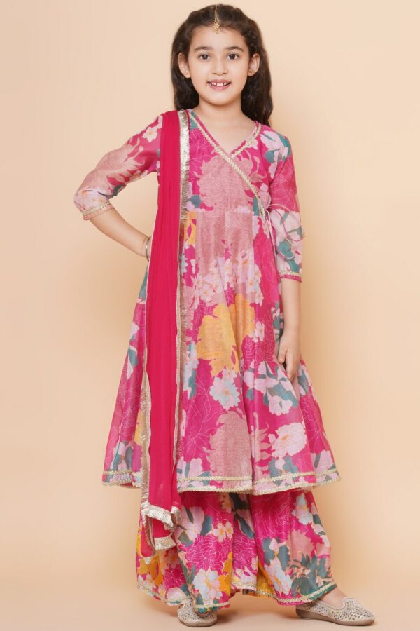 Bitiya by Bhama Girls Pink Floral Printed Angrakha Gotta Patti Kurta with Sharara & With Dupatta