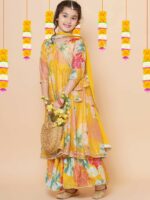 Bitiya by Bhama Girls Yellow Floral Printed Angrakha Gotta Patti Kurta with Sharara & With Dupatta