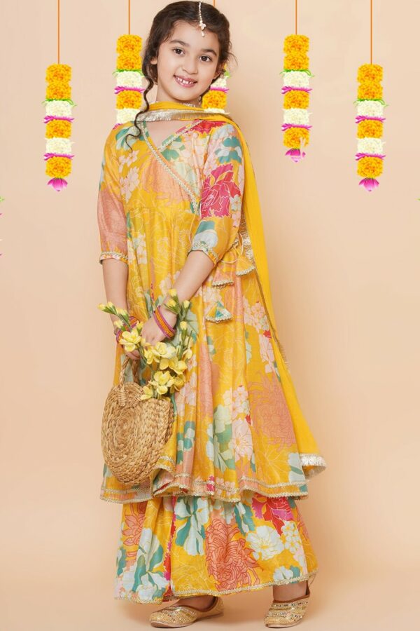 Bitiya by Bhama Girls Yellow Floral Printed Angrakha Gotta Patti Kurta with Sharara & With Dupatta