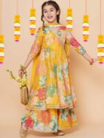 Bitiya by Bhama Girls Yellow Floral Printed Angrakha Gotta Patti Kurta with Sharara & With Dupatta - Image 4
