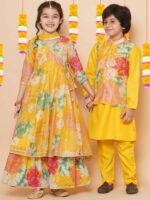 Bitiya by Bhama Girls Yellow Floral Printed Angrakha Gotta Patti Kurta with Sharara & With Dupatta - Image 6