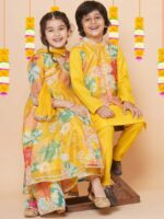 Bitiya by Bhama Girls Yellow Floral Printed Angrakha Gotta Patti Kurta with Sharara & With Dupatta - Image 7