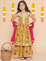 Bitiya by Bhama Girls Yellow Floral Printed Empire Gotta Patti Pure Cotton Kurta with Sharara & With Dupatta