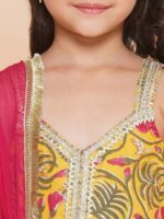 Bitiya by Bhama Girls Yellow Floral Printed Empire Gotta Patti Pure Cotton Kurta with Sharara & With Dupatta - Image 2