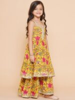 Bitiya by Bhama Girls Yellow Floral Printed Empire Gotta Patti Pure Cotton Kurta with Sharara & With Dupatta - Image 3