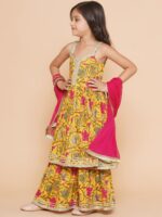 Bitiya by Bhama Girls Yellow Floral Printed Empire Gotta Patti Pure Cotton Kurta with Sharara & With Dupatta - Image 4