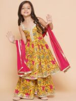 Bitiya by Bhama Girls Yellow Floral Printed Empire Gotta Patti Pure Cotton Kurta with Sharara & With Dupatta - Image 6
