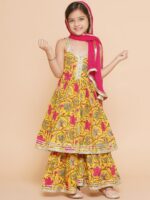 Bitiya by Bhama Girls Yellow Floral Printed Empire Gotta Patti Pure Cotton Kurta with Sharara & With Dupatta - Image 7