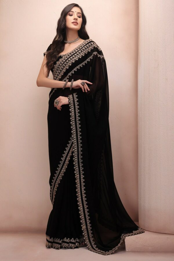 Inddus Black Embellished Embroidered Border Poly Georgette Saree
