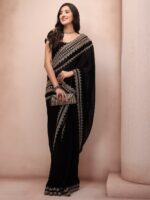 Inddus Black Embellished Embroidered Border Poly Georgette Saree - Image 4