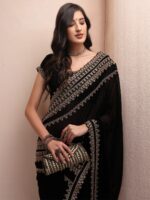 Inddus Black Embellished Embroidered Border Poly Georgette Saree - Image 5