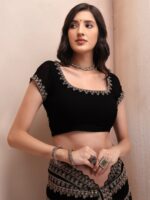 Inddus Black Embellished Embroidered Border Poly Georgette Saree - Image 7