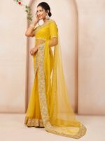 Inddus Mustard Embroidered Sequinned Net Saree - Image 2